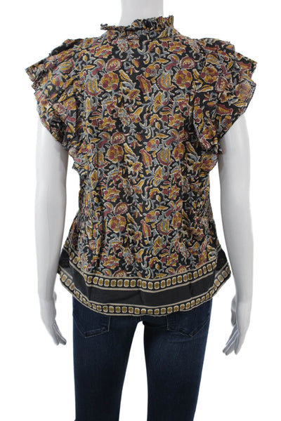 Sea Women Floral High Neck Short Sleeve Bohemian Blouse Black Size 0