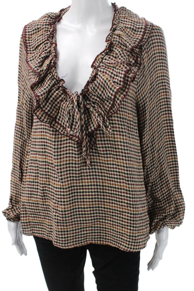 Zara Women Bohemian Check Long Sleeve Drawstring Blouse Polyester Size L