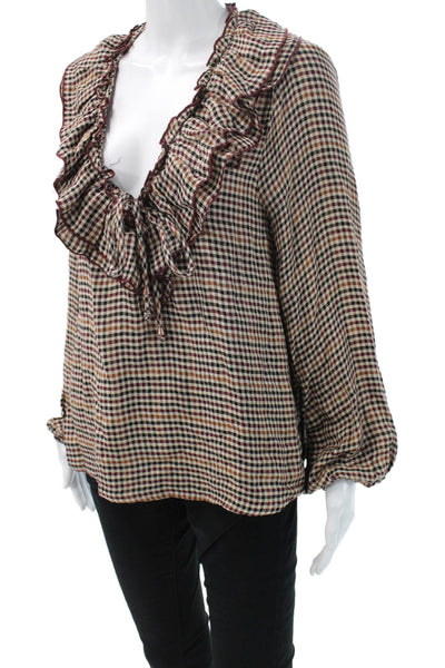 Zara Women Bohemian Check Long Sleeve Drawstring Blouse Polyester Size L
