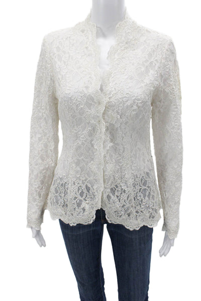Victor Costa Womens White Floral Mock Neck Long Sleeve Button Up Blouse Size 8