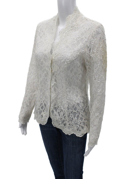 Victor Costa Womens White Floral Mock Neck Long Sleeve Button Up Blouse Size 8
