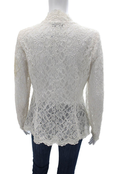 Victor Costa Womens White Floral Mock Neck Long Sleeve Button Up Blouse Size 8