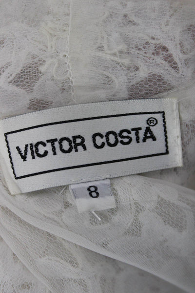 Victor Costa Womens White Floral Mock Neck Long Sleeve Button Up Blouse Size 8