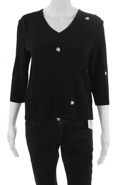 St. John Sport By Marie Gray Unisex Black Wool V-Neck Animal Pullover Size 0P