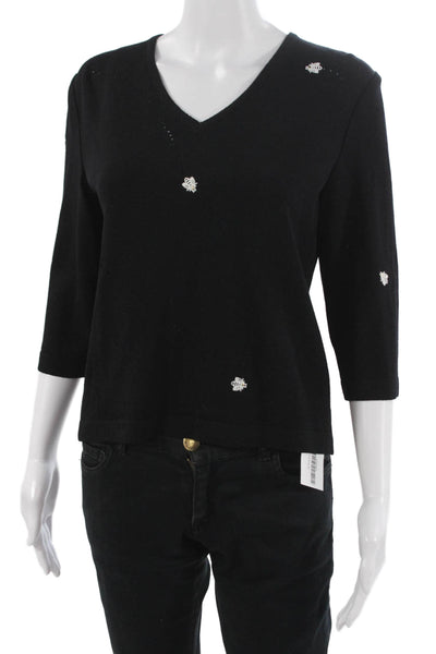 St. John Sport By Marie Gray Unisex Black Wool V-Neck Animal Pullover Size 0P
