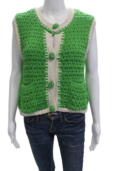 Zara Women Green Button Front Sleeveless Vest Round Neck Retro Size S