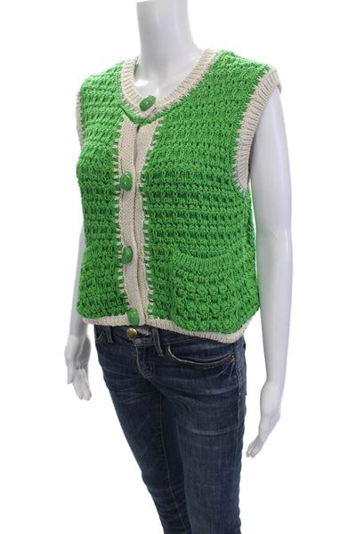 Zara Women Green Button Front Sleeveless Vest Round Neck Retro Size S