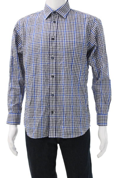 Zegna Sport Womens Cotton Plaid Print Button Down Shirt Blue Size M