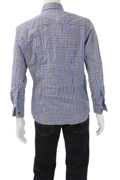 Zegna Sport Womens Cotton Plaid Print Button Down Shirt Blue Size M