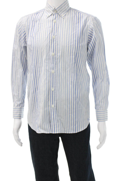 Zegna Sport Mens Cotton Striped Pocketed Button Down Shirt Blue Size S