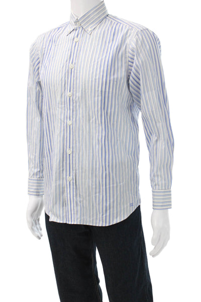 Zegna Sport Mens Cotton Striped Pocketed Button Down Shirt Blue Size S