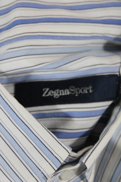 Zegna Sport Mens Cotton Striped Pocketed Button Down Shirt Blue Size S