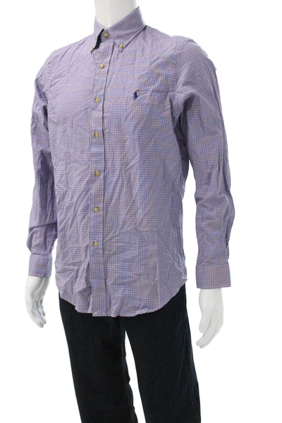 Ralph Lauren Mens Cotton Mini Plaid Print Button Down Shirt Blue Size S