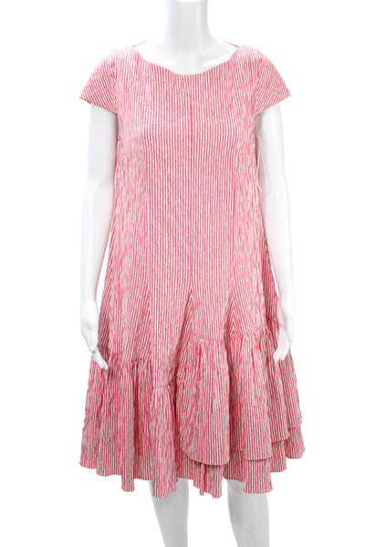 Talbot Runhof Women A-Line Striped Red Short Sleeve Button Dress Size 8