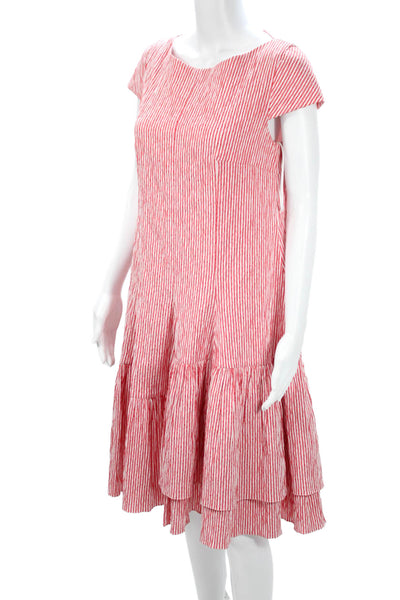 Talbot Runhof Women A-Line Striped Red Short Sleeve Button Dress Size 8