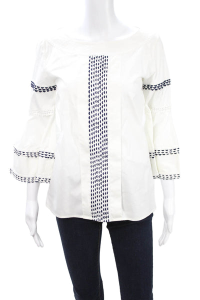 Oscar de la Renta Women White Square Neck Blouse 3/4 Sleeve Size 4