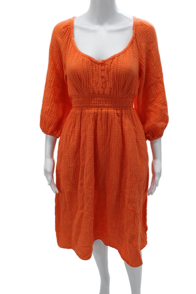 J Crew Womens Fit & Flare Orange Cotton Dress 3/4 Sleeve Round Neck Size 2XS