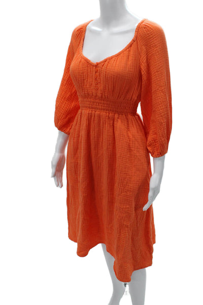 J Crew Womens Fit & Flare Orange Cotton Dress 3/4 Sleeve Round Neck Size 2XS