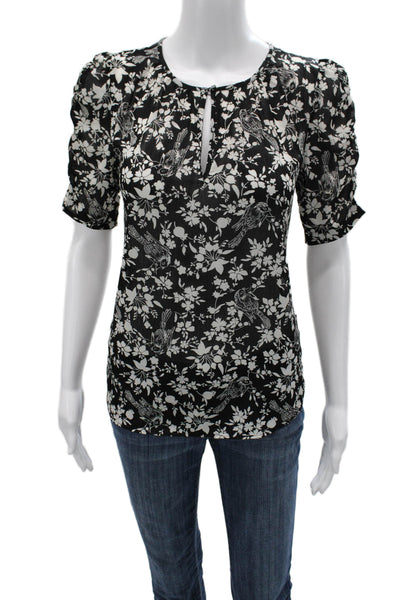 J Crew Womens Black Floral Bird Short Sleeve Round Neck Blouse Size XS