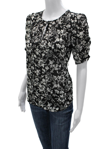 J Crew Womens Black Floral Bird Short Sleeve Round Neck Blouse Size XS