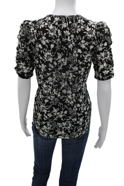 J Crew Womens Black Floral Bird Short Sleeve Round Neck Blouse Size XS