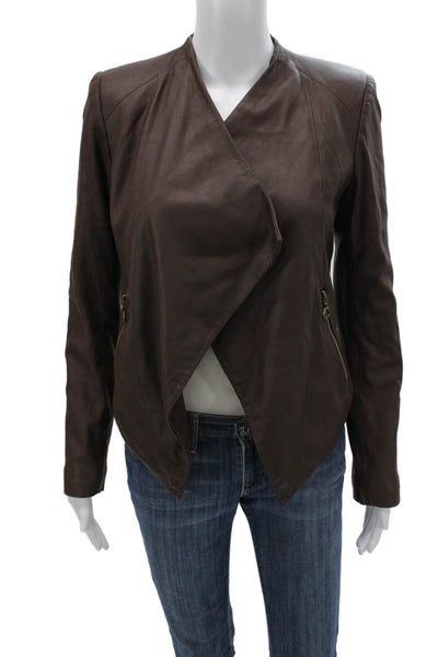 Neiman Marcus Womens Genuine Leather Brown Zip Jacket Long Sleeve Size S