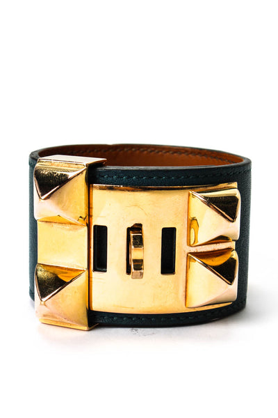 Hermes Womens G Plated Teal Leather Collier de Chien Cuff Bracelet 7.5"