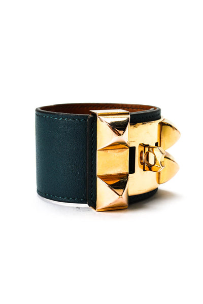 Hermes Womens G Plated Teal Leather Collier de Chien Cuff Bracelet 7.5"