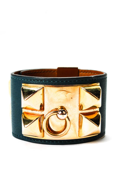 Hermes Womens G Plated Teal Leather Collier de Chien Cuff Bracelet 7.5"
