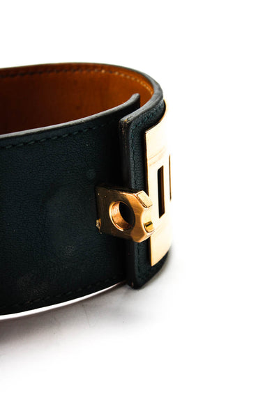 Hermes Womens G Plated Teal Leather Collier de Chien Cuff Bracelet 7.5"