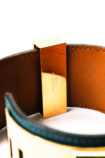 Hermes Womens G Plated Teal Leather Collier de Chien Cuff Bracelet 7.5"