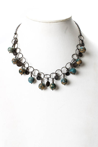Designer Womens 925 Silver Ocean Jasper Bead Fringe Necklace 17"