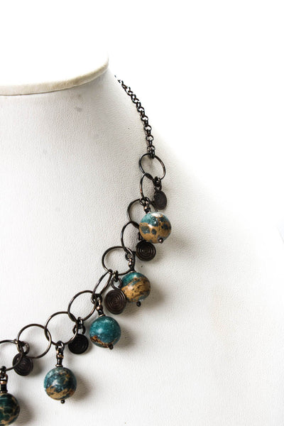 Designer Womens 925 Silver Ocean Jasper Bead Fringe Necklace 17"