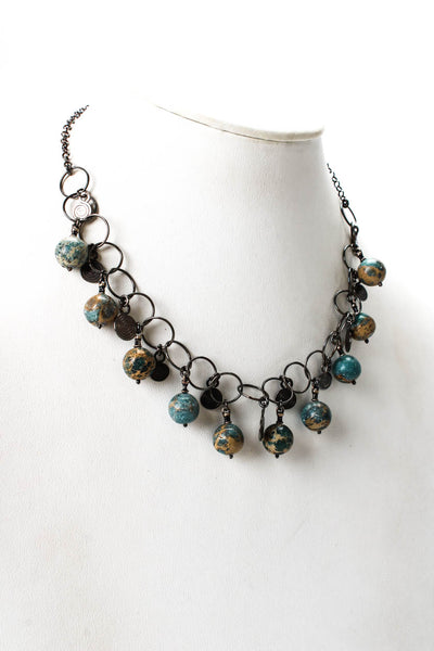 Designer Womens 925 Silver Ocean Jasper Bead Fringe Necklace 17"