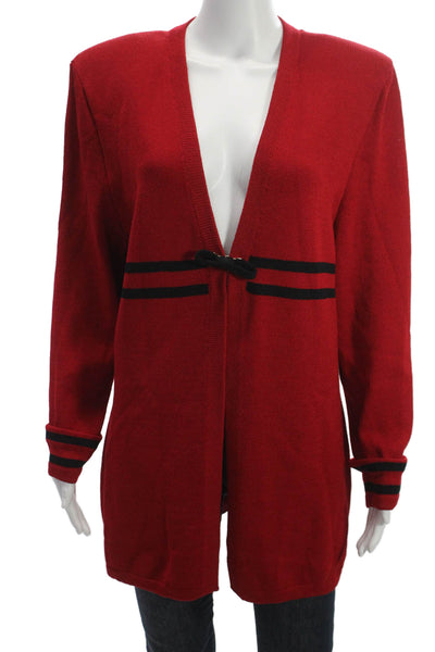 SJK St. John Unisex Red Striped Wool V-Neck Cardigan Size 14