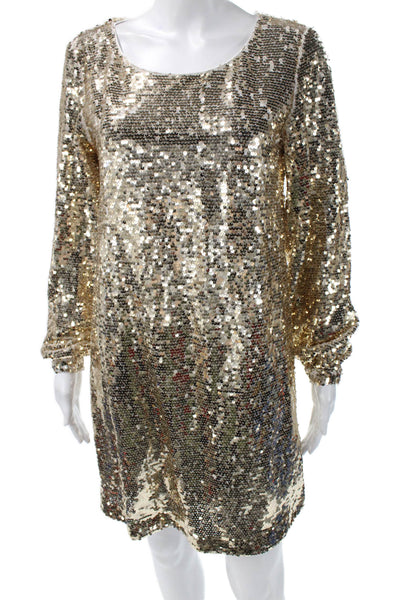 NBD Womens Shift Dress Beige Sequin Long Sleeve Round Neck 80s Size 2XS