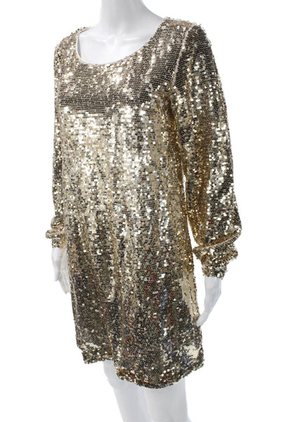 NBD Womens Shift Dress Beige Sequin Long Sleeve Round Neck 80s Size 2XS