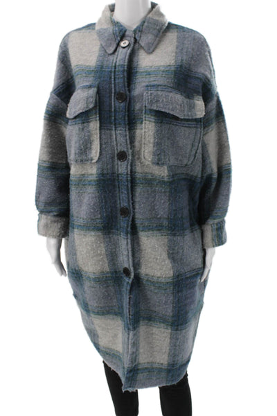 Few Moda Women Overcoat Plaid Blue Button Long Sleeve Wool Blend Size S