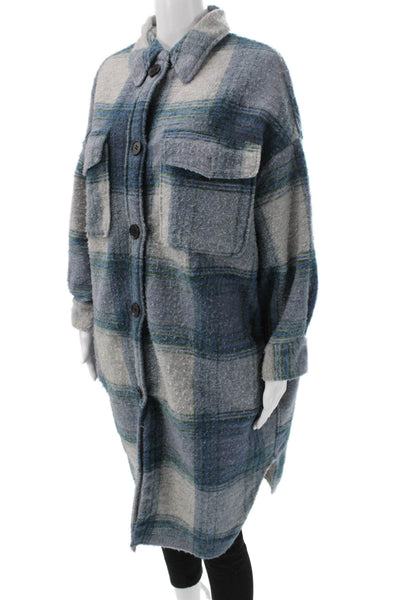 Few Moda Women Overcoat Plaid Blue Button Long Sleeve Wool Blend Size S