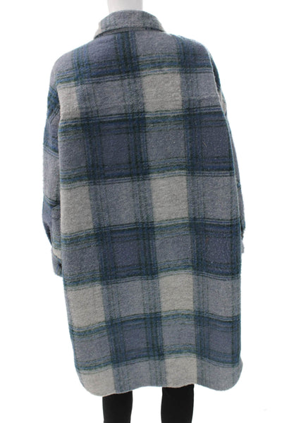 Few Moda Women Overcoat Plaid Blue Button Long Sleeve Wool Blend Size S