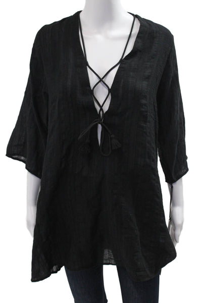Robin Piccone Womens Black Bohemian V-Neck Tunic 3/4 Sleeve Size S