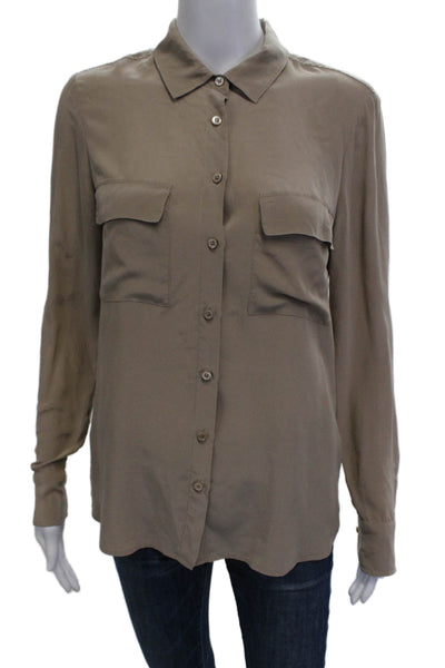 Equipment Femme Womens Silk Collared Button Up Blouse Long Sleeve Beige Size S