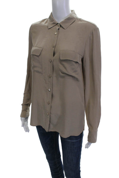 Equipment Femme Womens Silk Collared Button Up Blouse Long Sleeve Beige Size S
