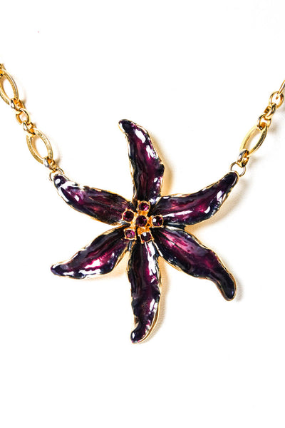 Kenneth Lane Womens Vintage Gold Tone Purple Enamel + Crystal Lily Pendant Neckl