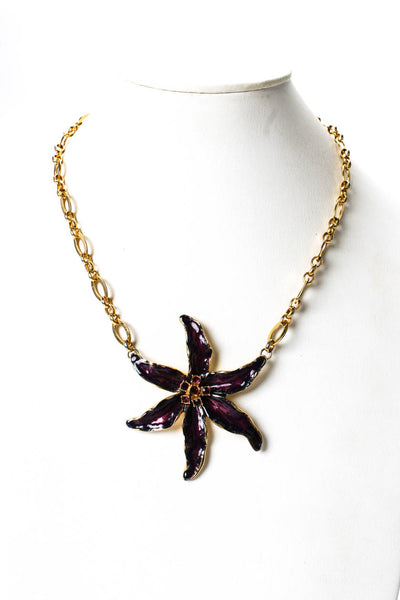 Kenneth Lane Womens Vintage Gold Tone Purple Enamel + Crystal Lily Pendant Neckl