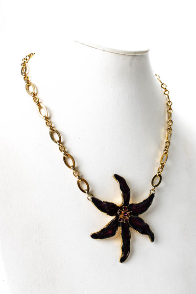 Kenneth Lane Womens Vintage Gold Tone Purple Enamel + Crystal Lily Pendant Neckl