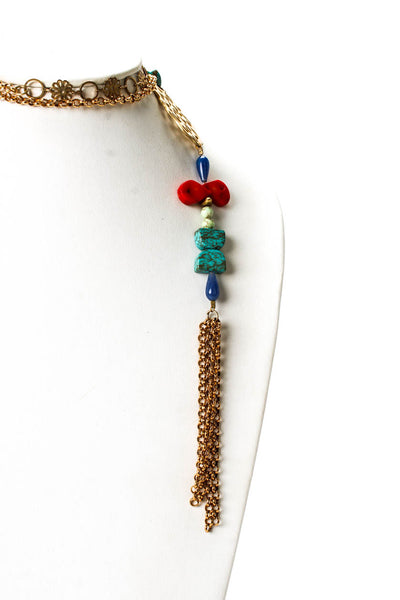 Designer Womens Gold Tone Coral + Turquoise + Glass Bohemian Scarf Necklace 50"