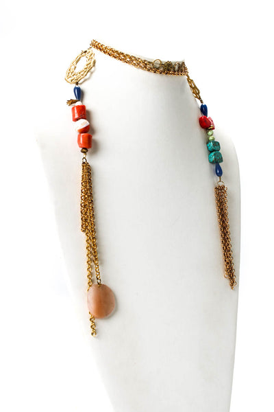Designer Womens Gold Tone Coral + Turquoise + Glass Bohemian Scarf Necklace 50"