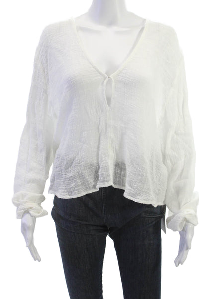 Enza Costa Womens White Cotton V Neck Long Sleeve Bohemian Blouse Size 3