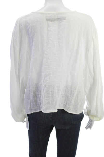 Enza Costa Womens White Cotton V Neck Long Sleeve Bohemian Blouse Size 3